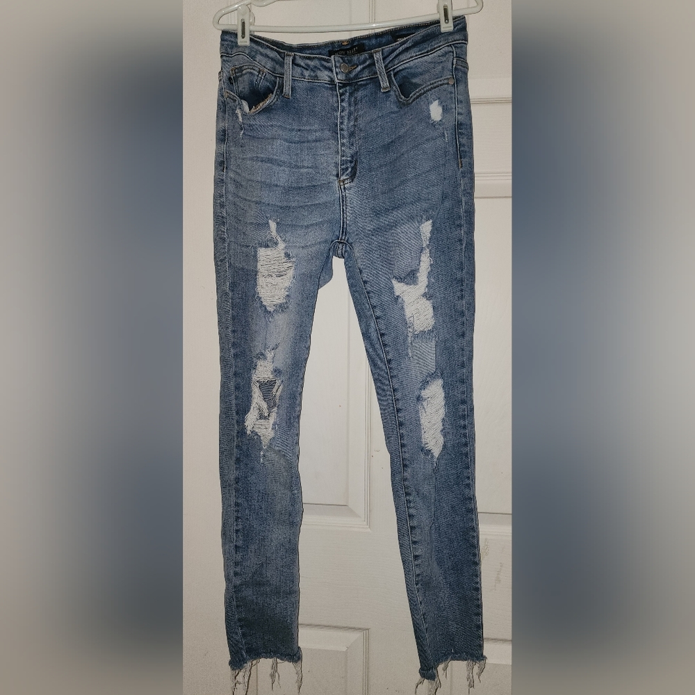 Judy Blue 11/30 Skinny Fit Distressed Raw Hem High Rise Blue Jeans Style JB8814